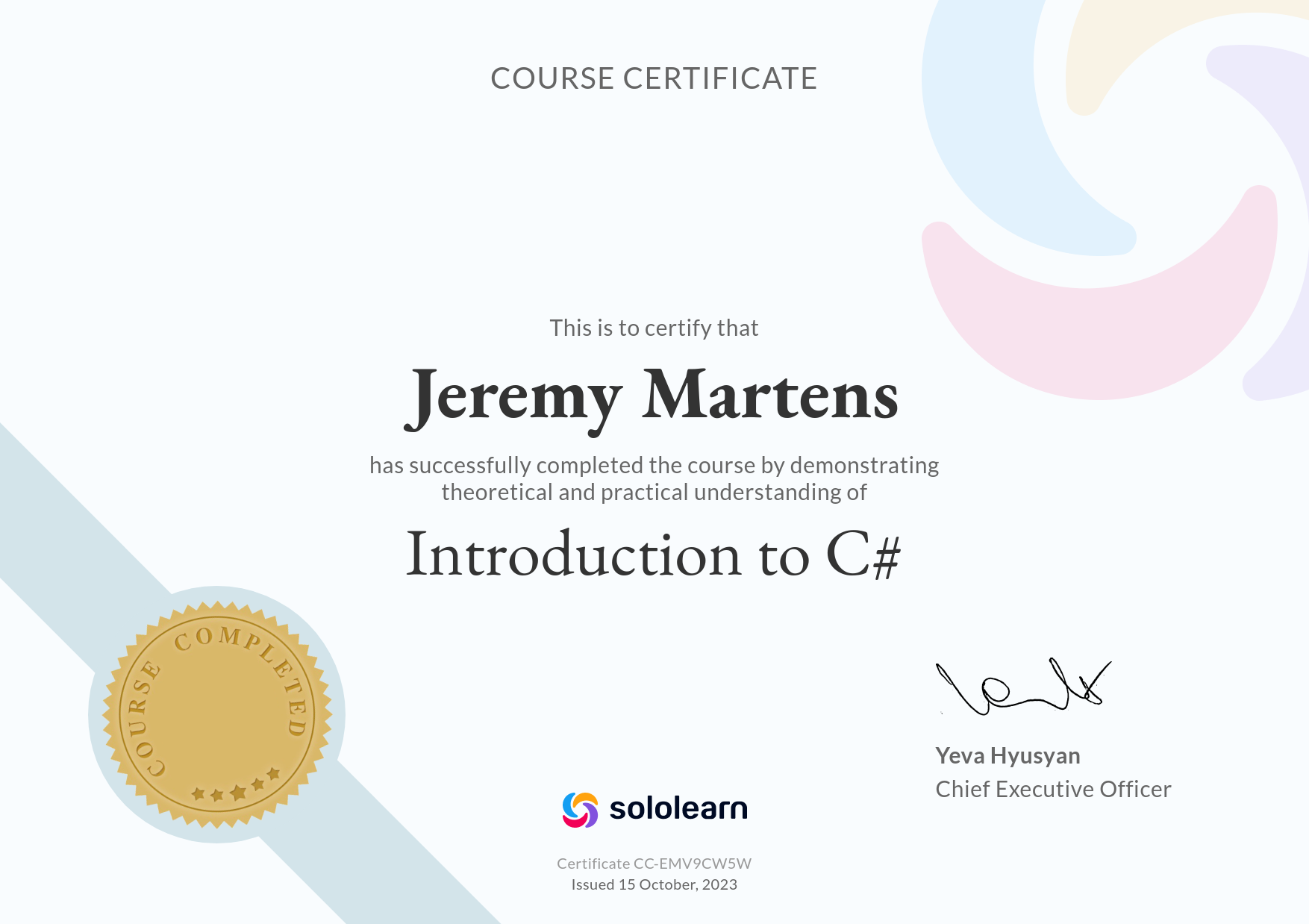 Sololearn C Sharp Introduction Zertifikat