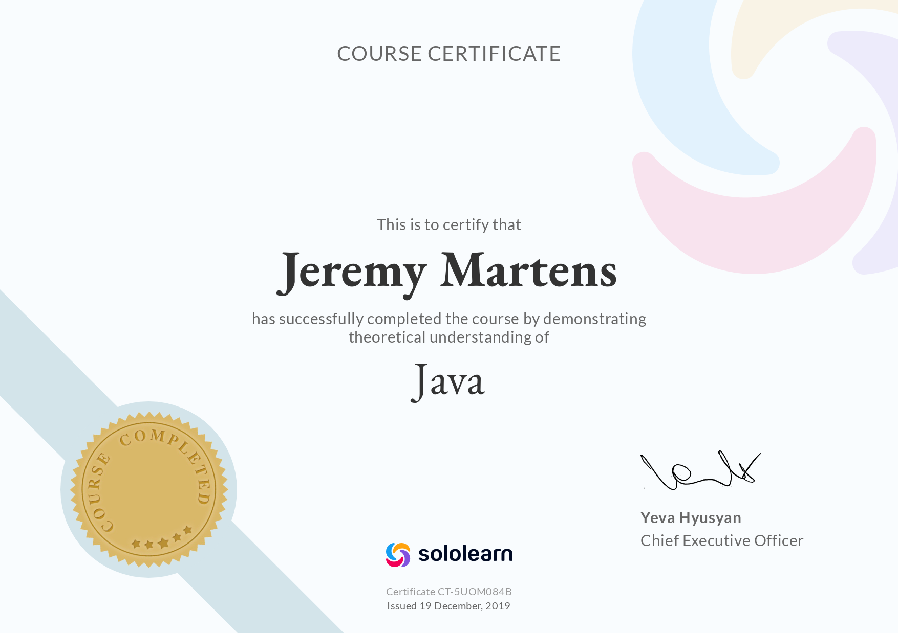 Sololearn Java Intro Zertifikat